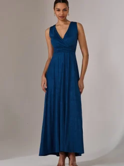 Jolie Moi Occasion Dresses|Sleeveless Dresses-Wrapped Bodice Jersey Maxi Dress, Navy