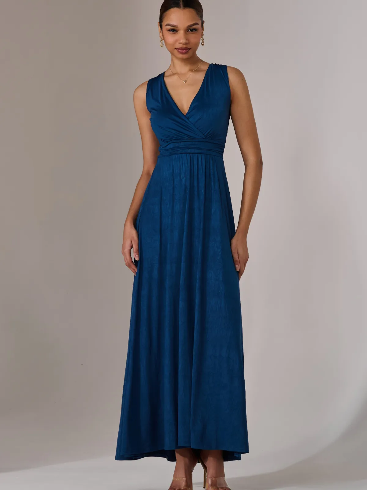 Jolie Moi Occasion Dresses|Sleeveless Dresses-Wrapped Bodice Jersey Maxi Dress, Navy