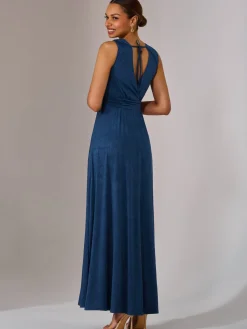 Jolie Moi Occasion Dresses|Sleeveless Dresses-Wrapped Bodice Jersey Maxi Dress, Navy