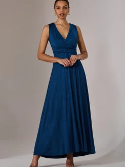 Jolie Moi Occasion Dresses|Sleeveless Dresses-Wrapped Bodice Jersey Maxi Dress, Navy