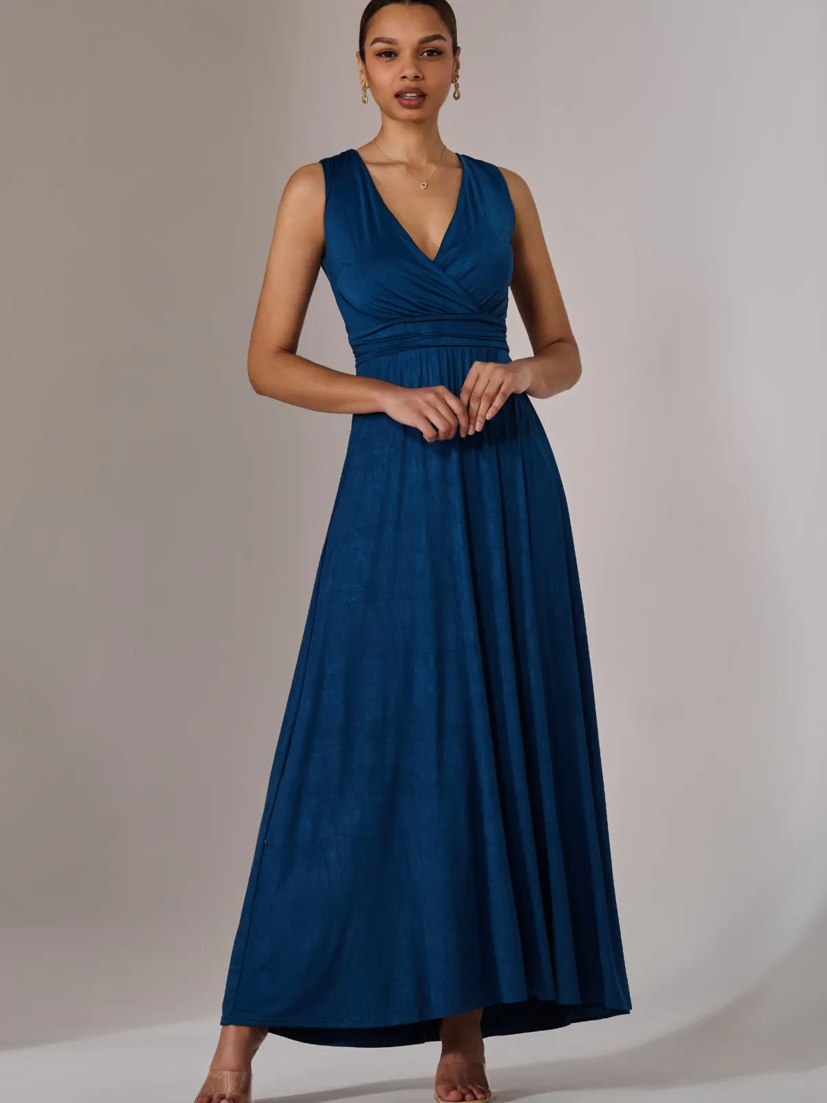 Jolie Moi Occasion Dresses|Sleeveless Dresses-Wrapped Bodice Jersey Maxi Dress, Navy