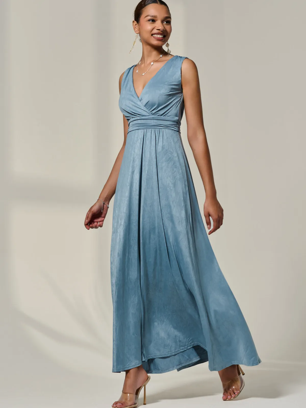 Jolie Moi Occasion Dresses|Party Dresses-Wrapped Bodice Jersey Maxi Dress, Steel Blue