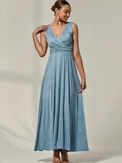 Jolie Moi Occasion Dresses|Party Dresses-Wrapped Bodice Jersey Maxi Dress, Steel Blue