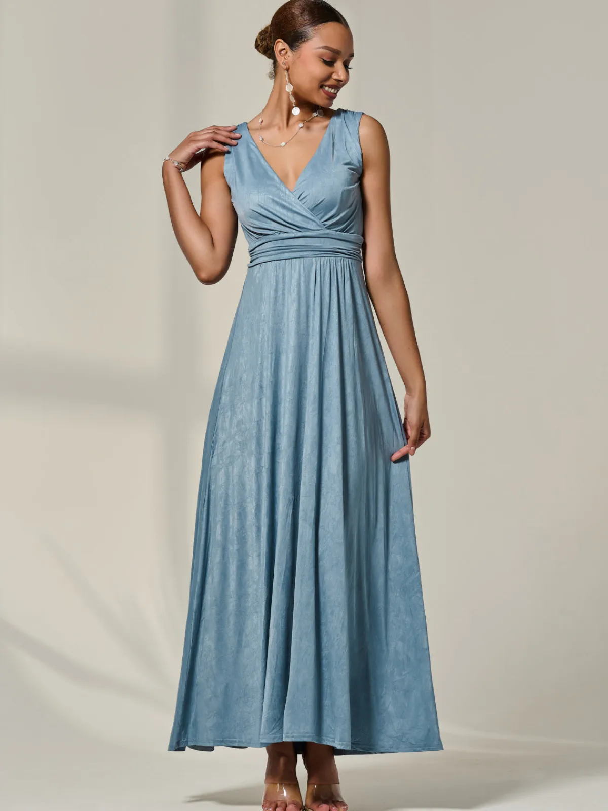 Jolie Moi Occasion Dresses|Party Dresses-Wrapped Bodice Jersey Maxi Dress, Steel Blue