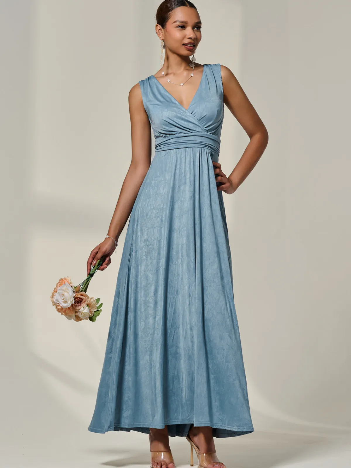 Jolie Moi Occasion Dresses|Party Dresses-Wrapped Bodice Jersey Maxi Dress, Steel Blue