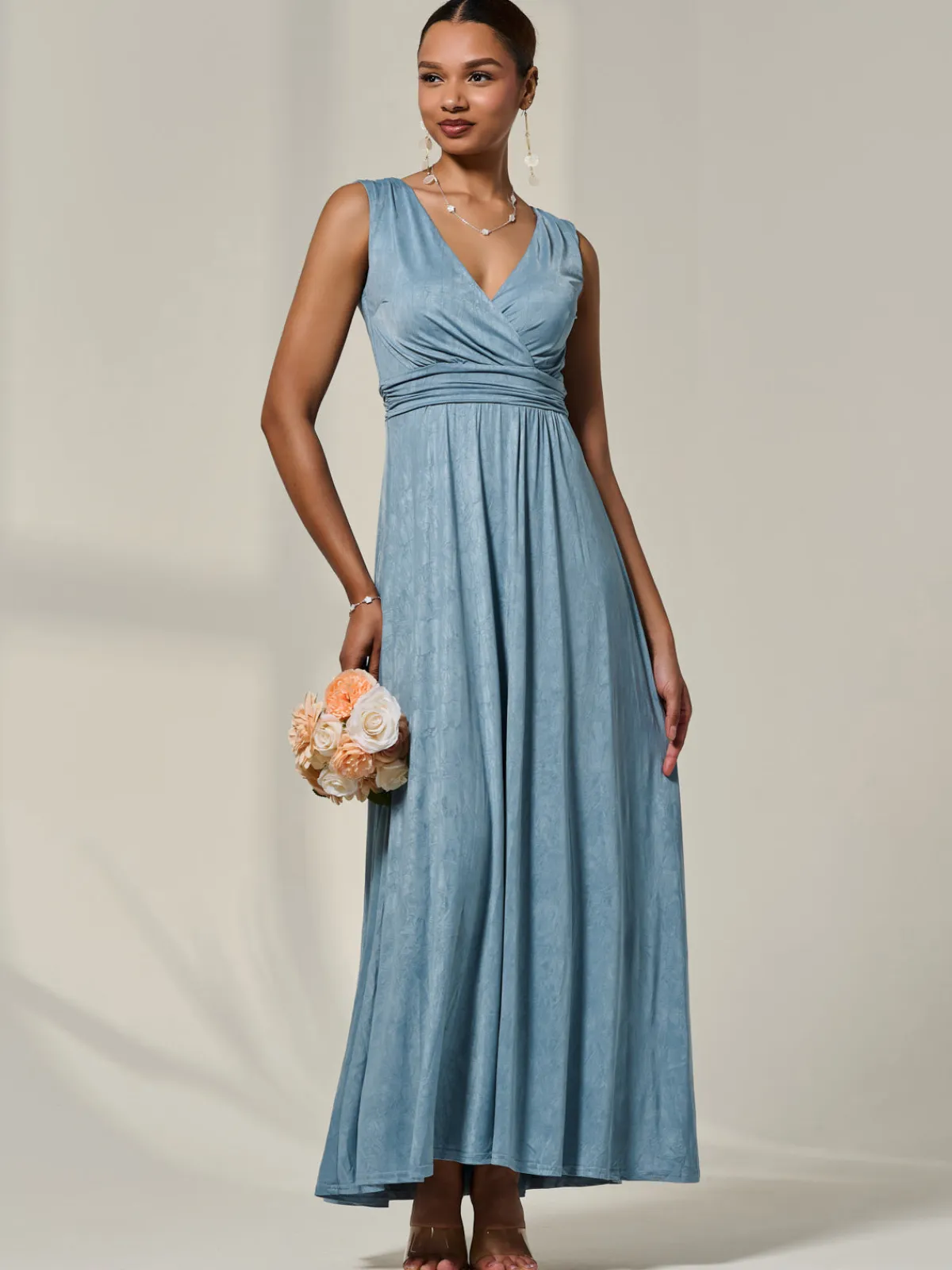 Jolie Moi Occasion Dresses|Party Dresses-Wrapped Bodice Jersey Maxi Dress, Steel Blue