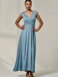 Jolie Moi Occasion Dresses|Party Dresses-Wrapped Bodice Jersey Maxi Dress, Steel Blue