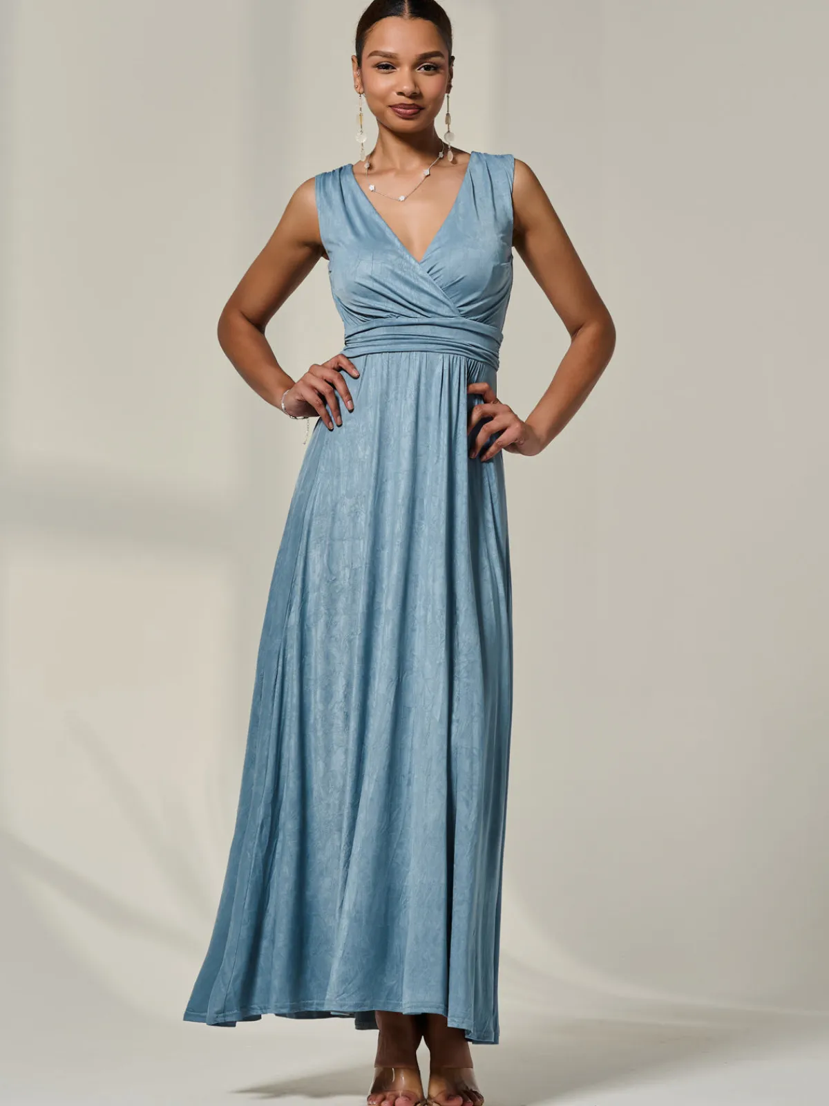 Jolie Moi Occasion Dresses|Party Dresses-Wrapped Bodice Jersey Maxi Dress, Steel Blue