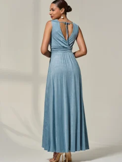 Jolie Moi Occasion Dresses|Party Dresses-Wrapped Bodice Jersey Maxi Dress, Steel Blue