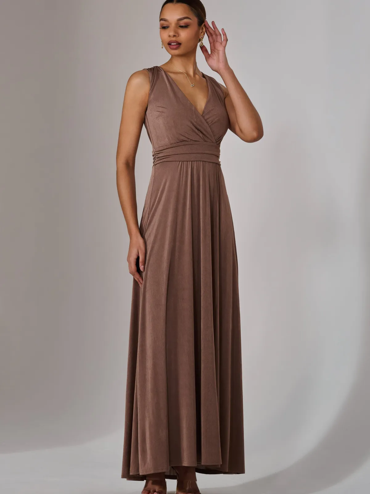 Jolie Moi Occasion Dresses|Jersey Dresses-Wrapped Bodice Jersey Maxi Dress, Taupe