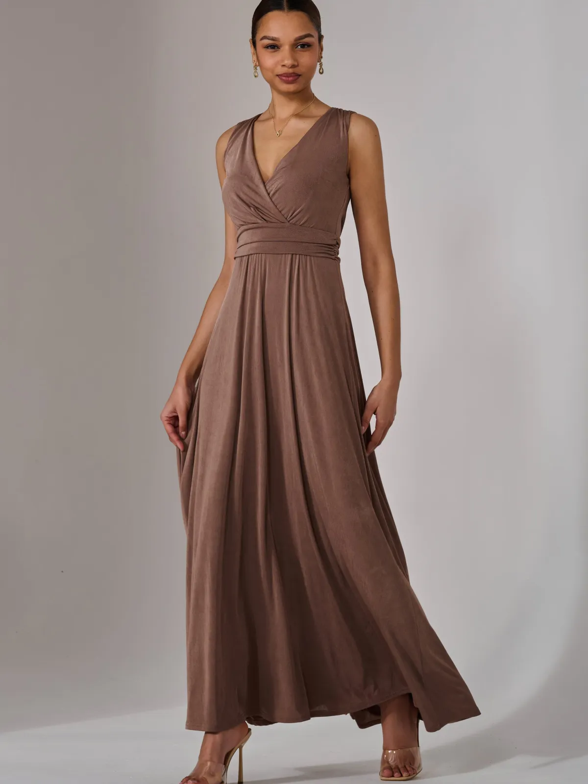 Jolie Moi Occasion Dresses|Jersey Dresses-Wrapped Bodice Jersey Maxi Dress, Taupe