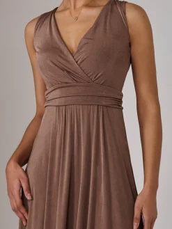 Jolie Moi Occasion Dresses|Jersey Dresses-Wrapped Bodice Jersey Maxi Dress, Taupe