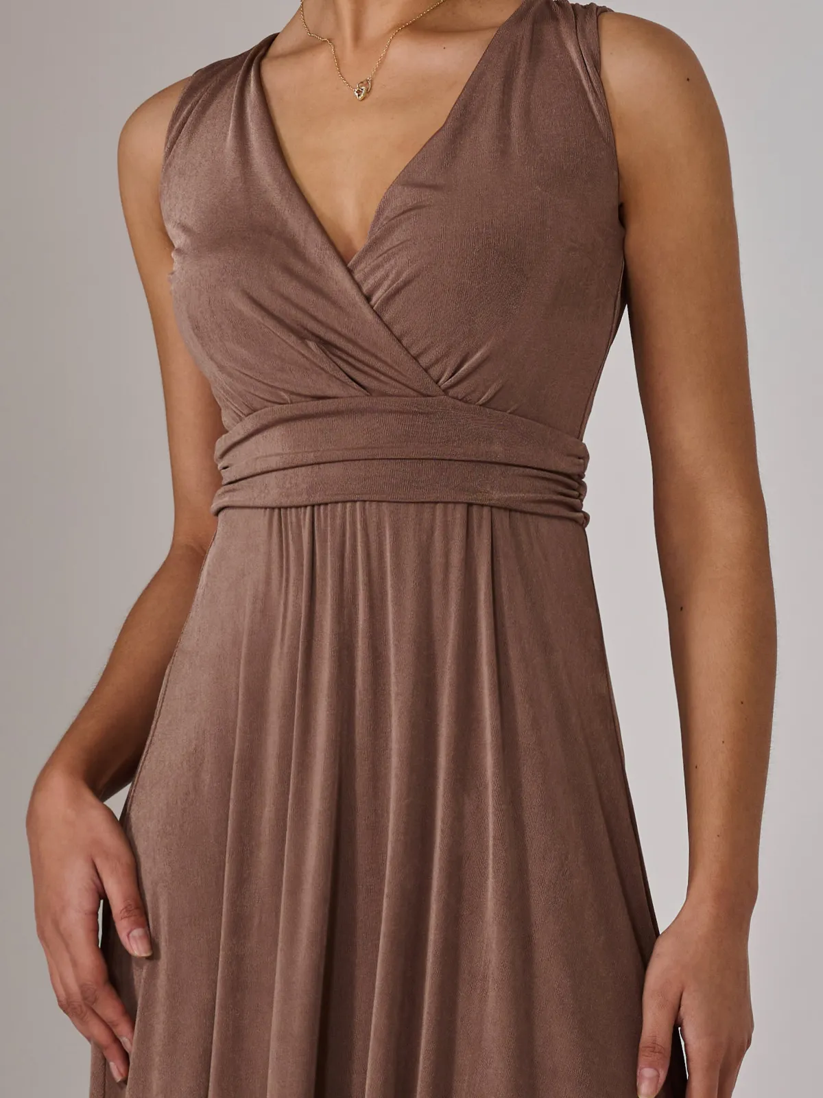 Jolie Moi Occasion Dresses|Jersey Dresses-Wrapped Bodice Jersey Maxi Dress, Taupe