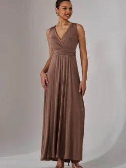 Jolie Moi Occasion Dresses|Jersey Dresses-Wrapped Bodice Jersey Maxi Dress, Taupe