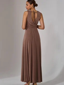 Jolie Moi Occasion Dresses|Jersey Dresses-Wrapped Bodice Jersey Maxi Dress, Taupe