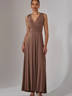Jolie Moi Occasion Dresses|Jersey Dresses-Wrapped Bodice Jersey Maxi Dress, Taupe