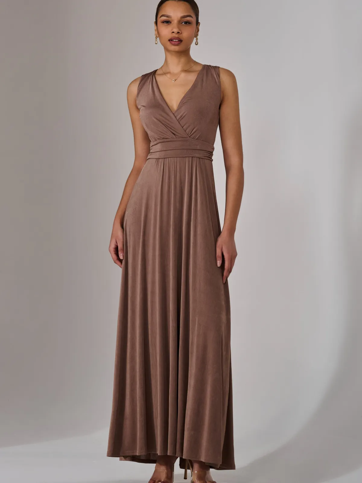 Jolie Moi Occasion Dresses|Jersey Dresses-Wrapped Bodice Jersey Maxi Dress, Taupe