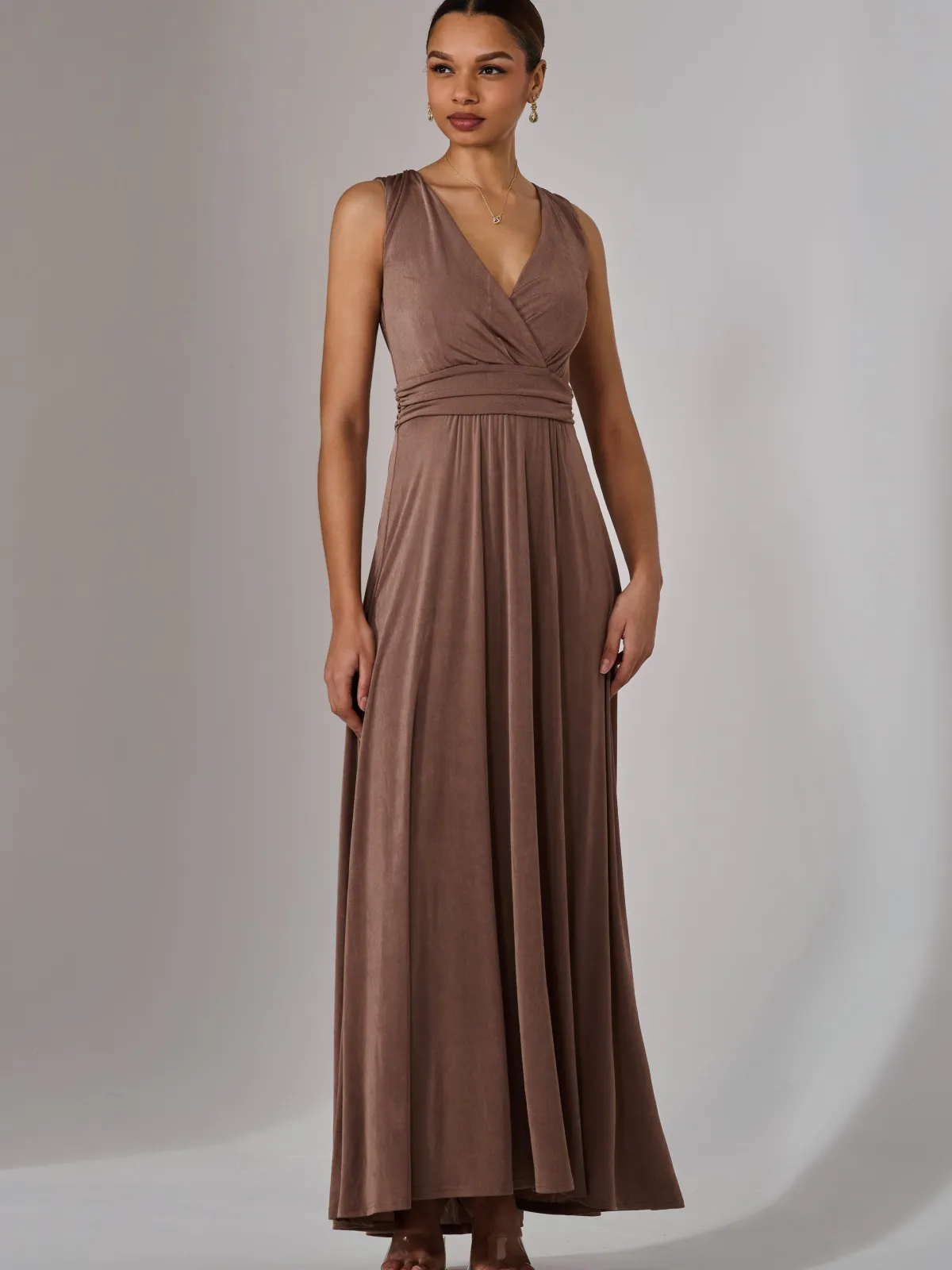 Jolie Moi Occasion Dresses|Jersey Dresses-Wrapped Bodice Jersey Maxi Dress, Taupe