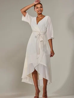 Jolie Moi Occasion Dresses|Wrap Dresses-Wrap Tie Front Midi Dress, Cream
