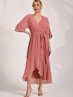 Jolie Moi Occasion Dresses|Midi Dresses-Wrap Tie Front Midi Dress, Dusty Pink