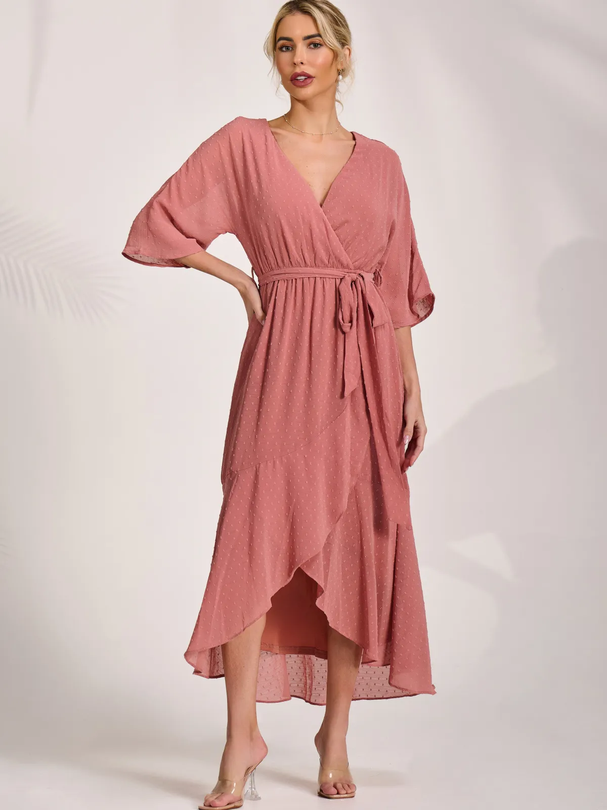 Jolie Moi Occasion Dresses|Midi Dresses-Wrap Tie Front Midi Dress, Dusty Pink