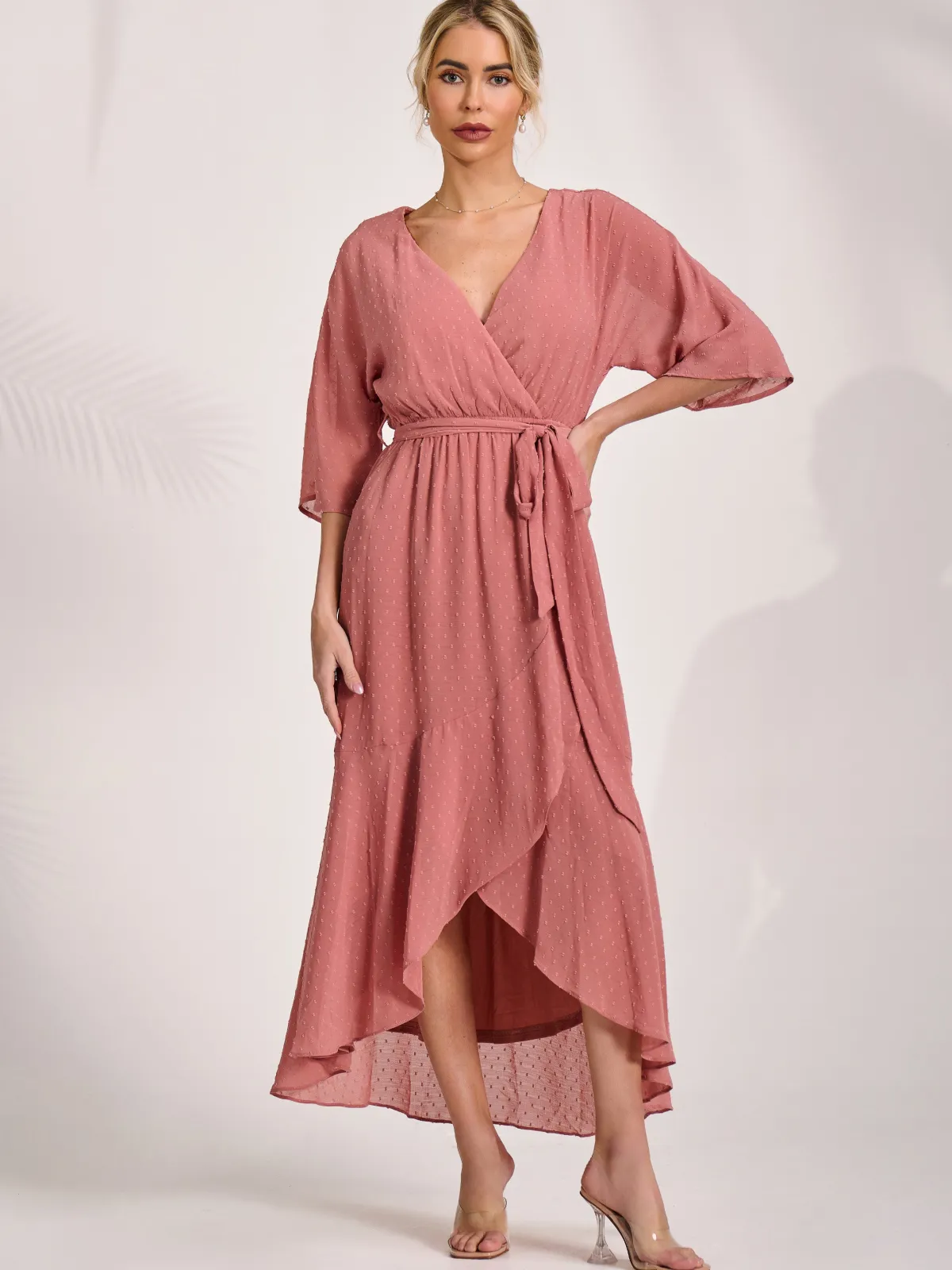 Jolie Moi Occasion Dresses|Midi Dresses-Wrap Tie Front Midi Dress, Dusty Pink