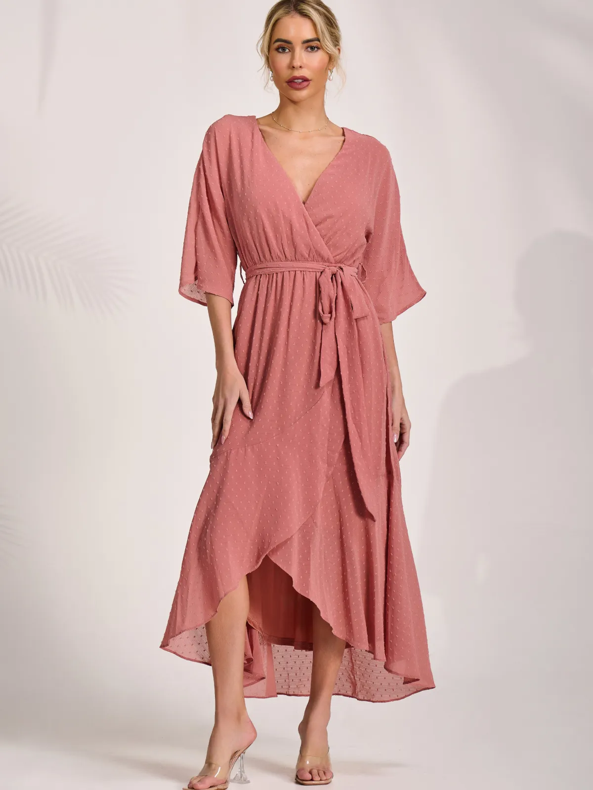 Jolie Moi Occasion Dresses|Midi Dresses-Wrap Tie Front Midi Dress, Dusty Pink