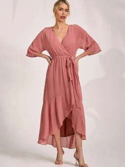 Jolie Moi Occasion Dresses|Midi Dresses-Wrap Tie Front Midi Dress, Dusty Pink