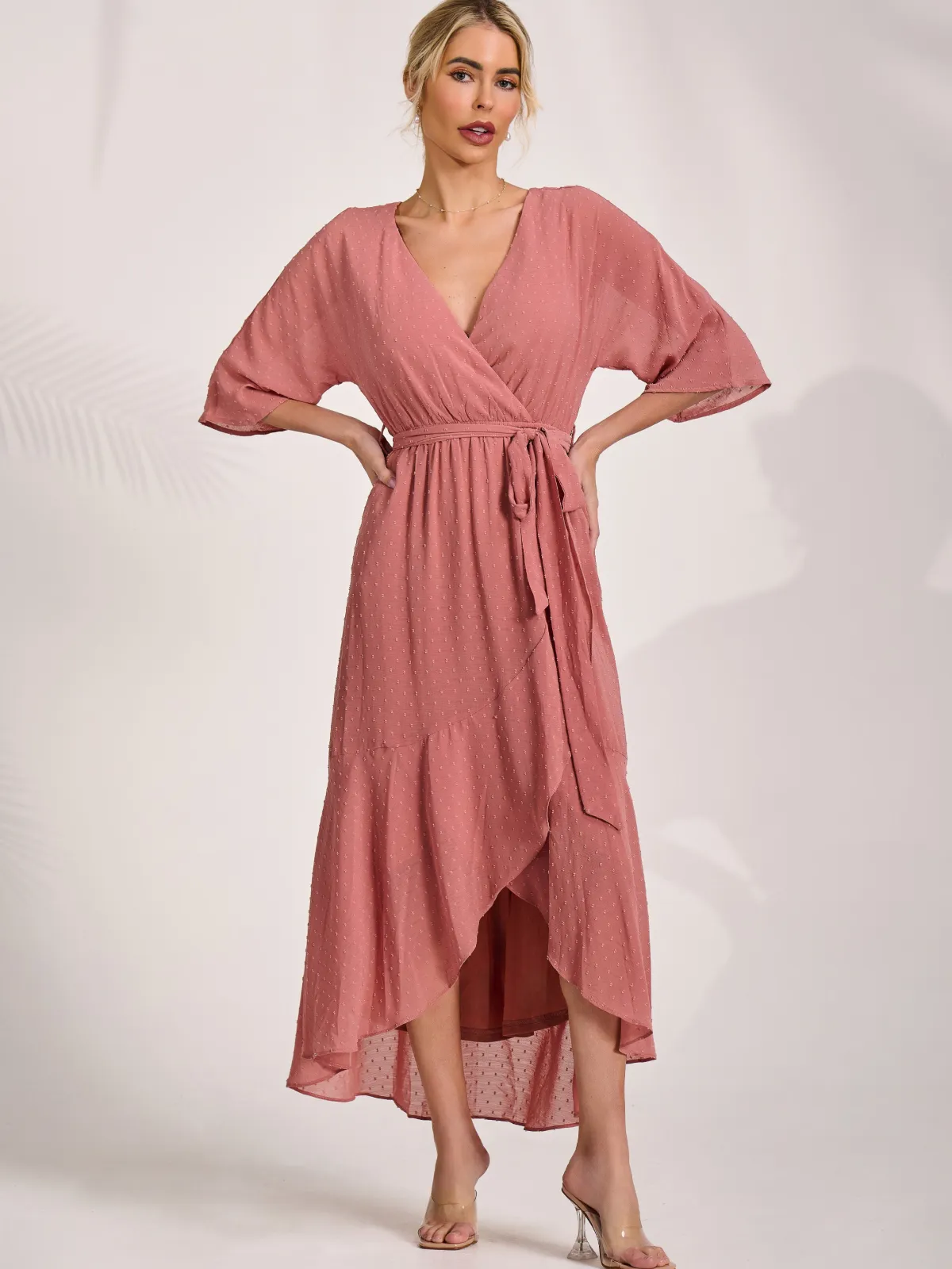 Jolie Moi Occasion Dresses|Midi Dresses-Wrap Tie Front Midi Dress, Dusty Pink