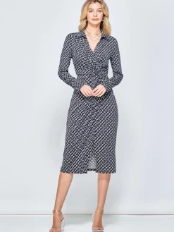Jolie Moi Occasion Dresses|Jersey Dresses-Wrap Twist Detail Midi Shirt Dress, Black Pattern
