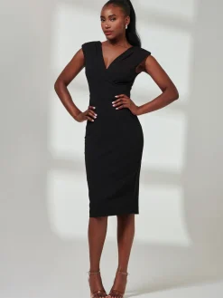 Jolie Moi Occasion Dresses|Wrap Dresses-Yiskah Wrap Bodice Pencil Dress, Black