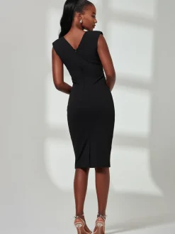 Jolie Moi Occasion Dresses|Wrap Dresses-Yiskah Wrap Bodice Pencil Dress, Black