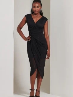 Jolie Moi Occasion Dresses|Wrap Dresses-Yiskah Wrap Bodice Pencil Dress, Black