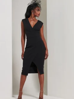 Jolie Moi Occasion Dresses|Sleeveless Dresses-Yseult V-Neck Split Bodycon Dress, Black