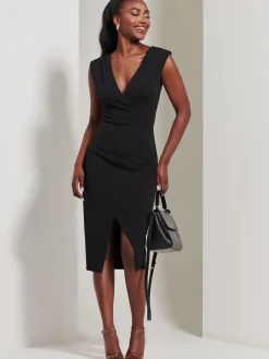 Jolie Moi Occasion Dresses|Sleeveless Dresses-Yseult V-Neck Split Bodycon Dress, Black