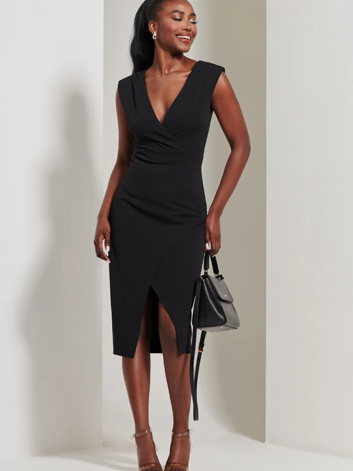 Jolie Moi Occasion Dresses|Sleeveless Dresses-Yseult V-Neck Split Bodycon Dress, Black