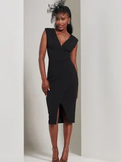 Jolie Moi Occasion Dresses|Sleeveless Dresses-Yseult V-Neck Split Bodycon Dress, Black