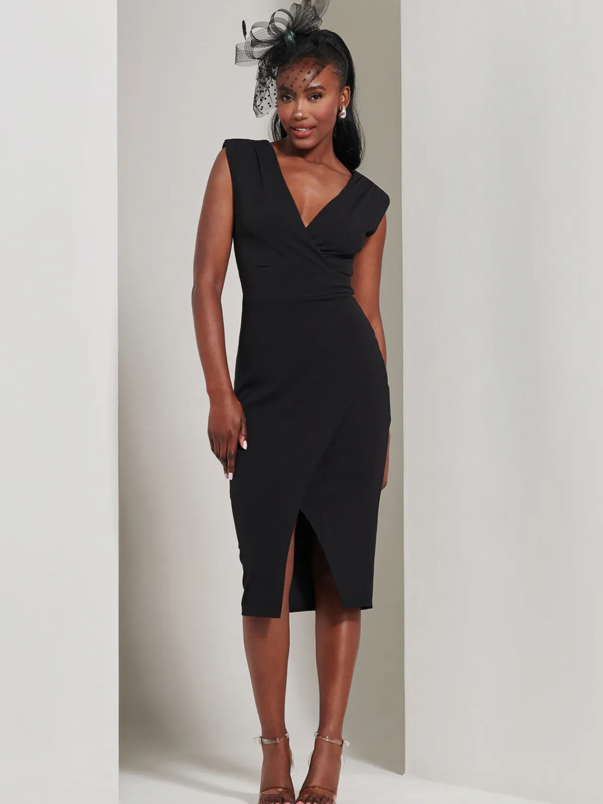 Jolie Moi Occasion Dresses|Sleeveless Dresses-Yseult V-Neck Split Bodycon Dress, Black