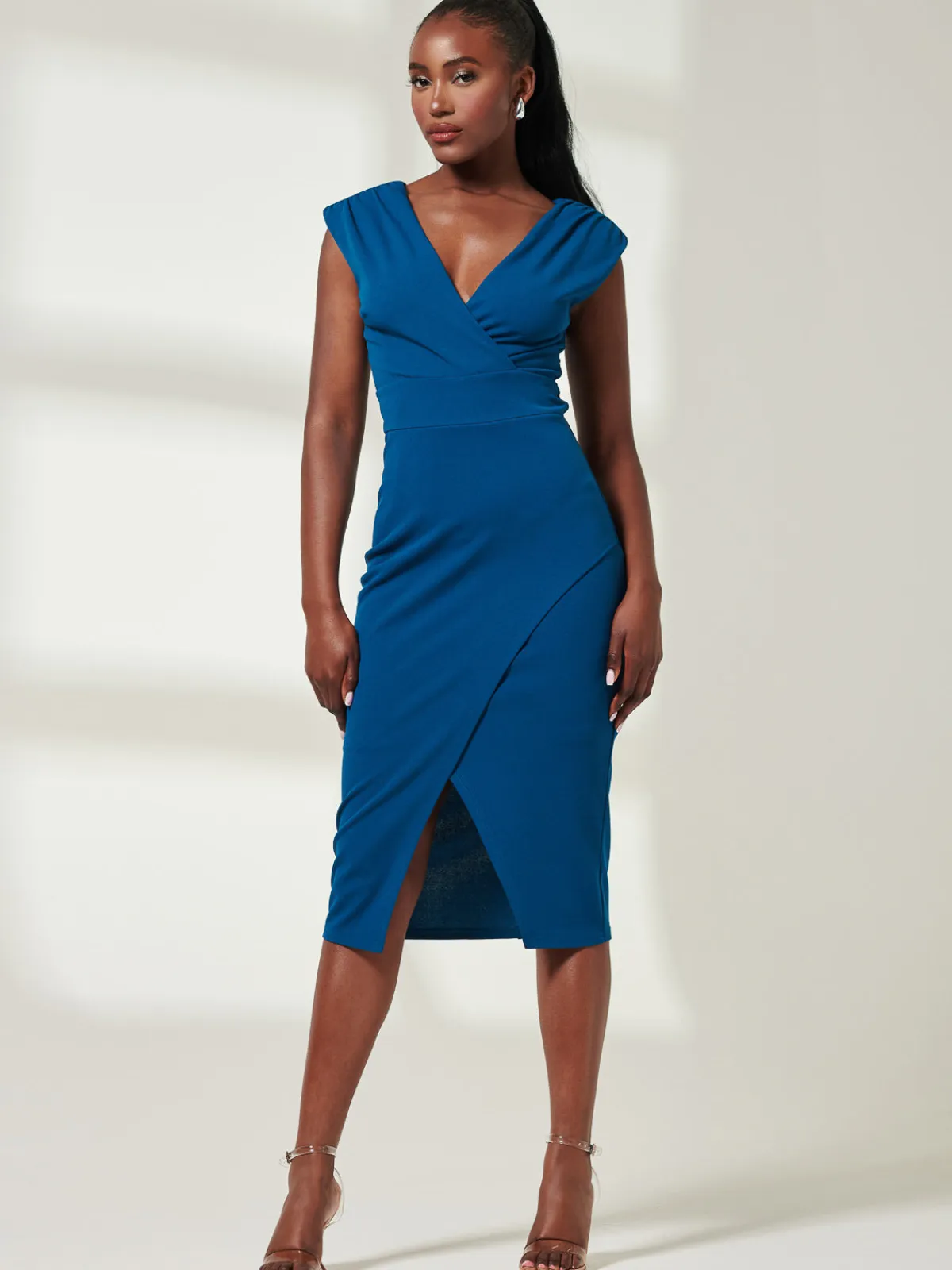 Jolie Moi Occasion Dresses|Sleeveless Dresses-Yseult V-Neck Split Bodycon Dress, Teal