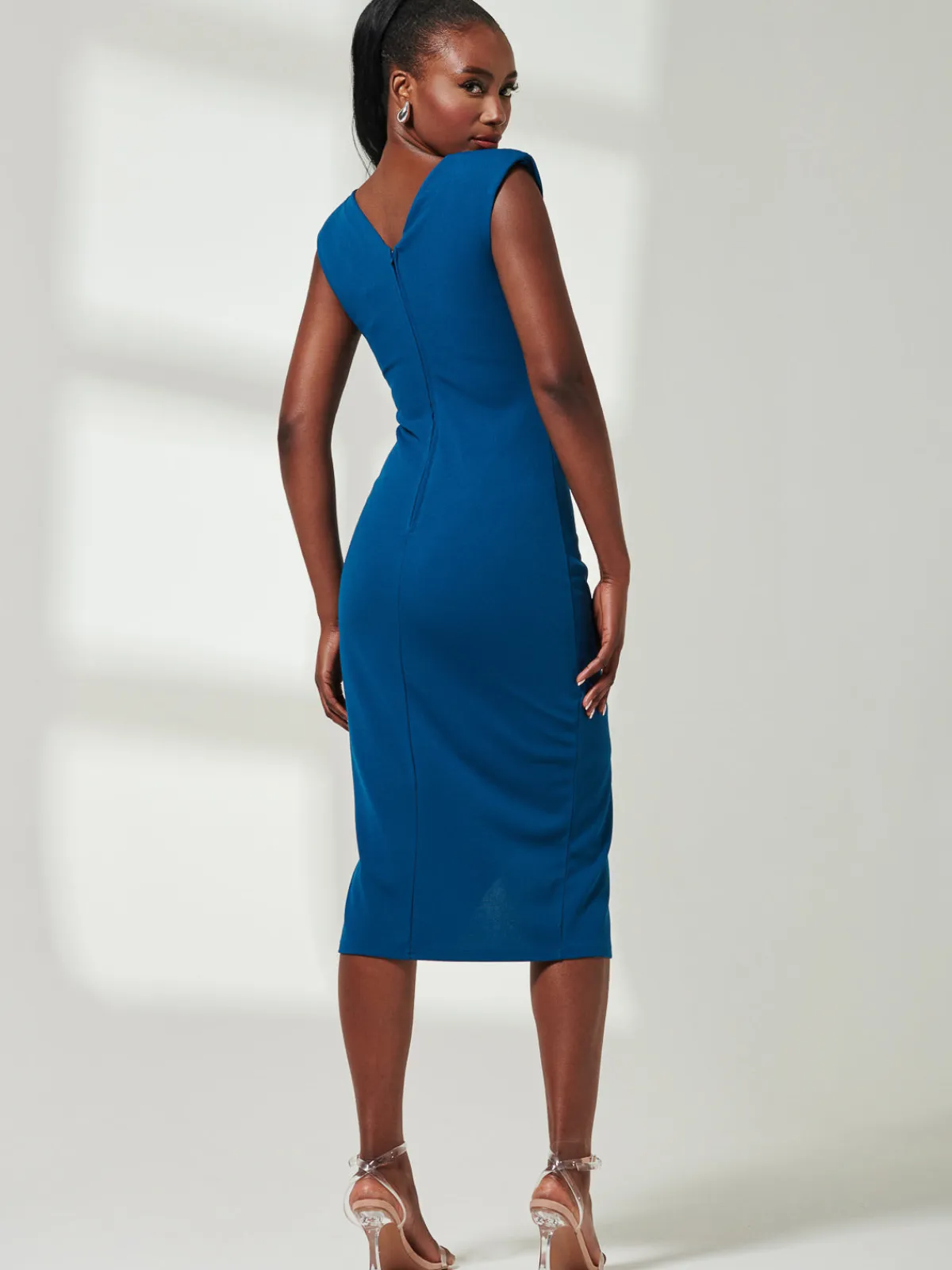 Jolie Moi Occasion Dresses|Sleeveless Dresses-Yseult V-Neck Split Bodycon Dress, Teal