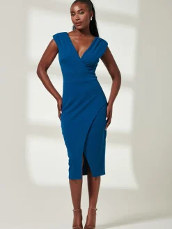 Jolie Moi Occasion Dresses|Sleeveless Dresses-Yseult V-Neck Split Bodycon Dress, Teal