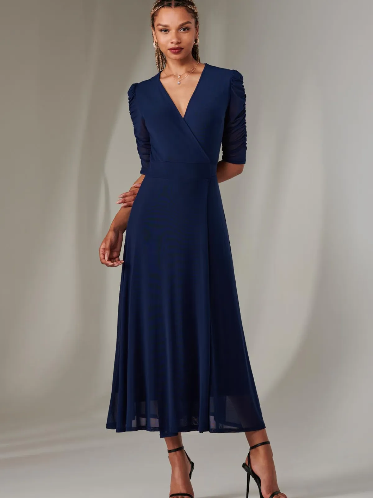 Jolie Moi Occasion Dresses|Wrap Dresses-Zeena Plain Wrap Mesh Maxi Dress, Navy