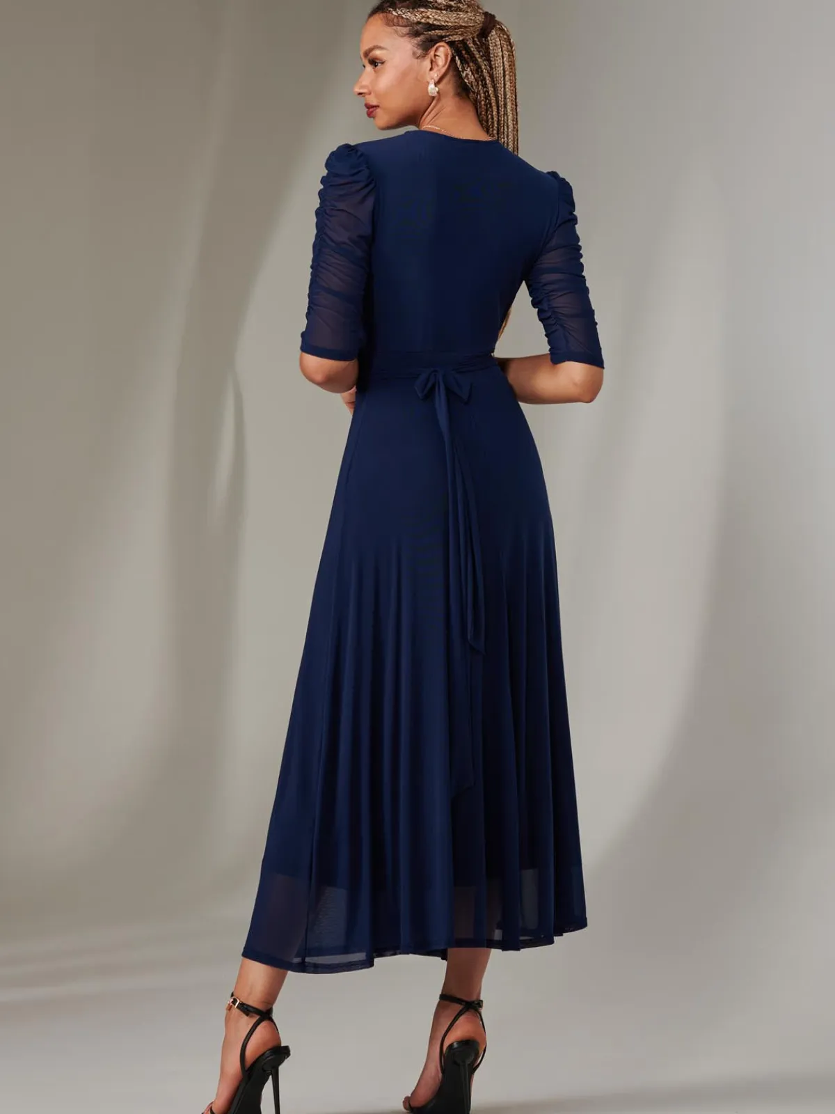 Jolie Moi Occasion Dresses|Wrap Dresses-Zeena Plain Wrap Mesh Maxi Dress, Navy