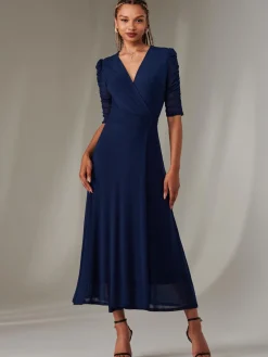 Jolie Moi Occasion Dresses|Wrap Dresses-Zeena Plain Wrap Mesh Maxi Dress, Navy