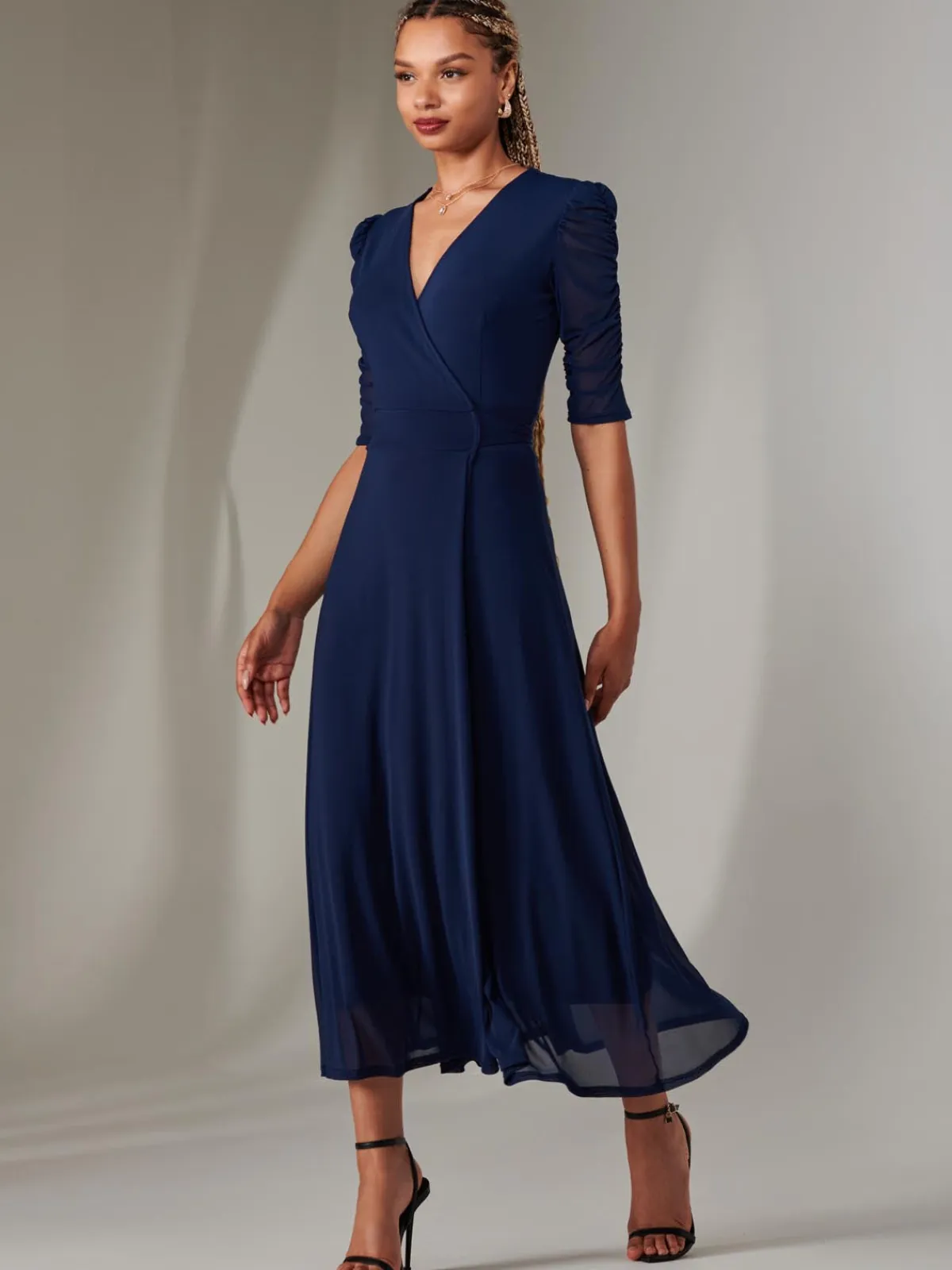 Jolie Moi Occasion Dresses|Wrap Dresses-Zeena Plain Wrap Mesh Maxi Dress, Navy