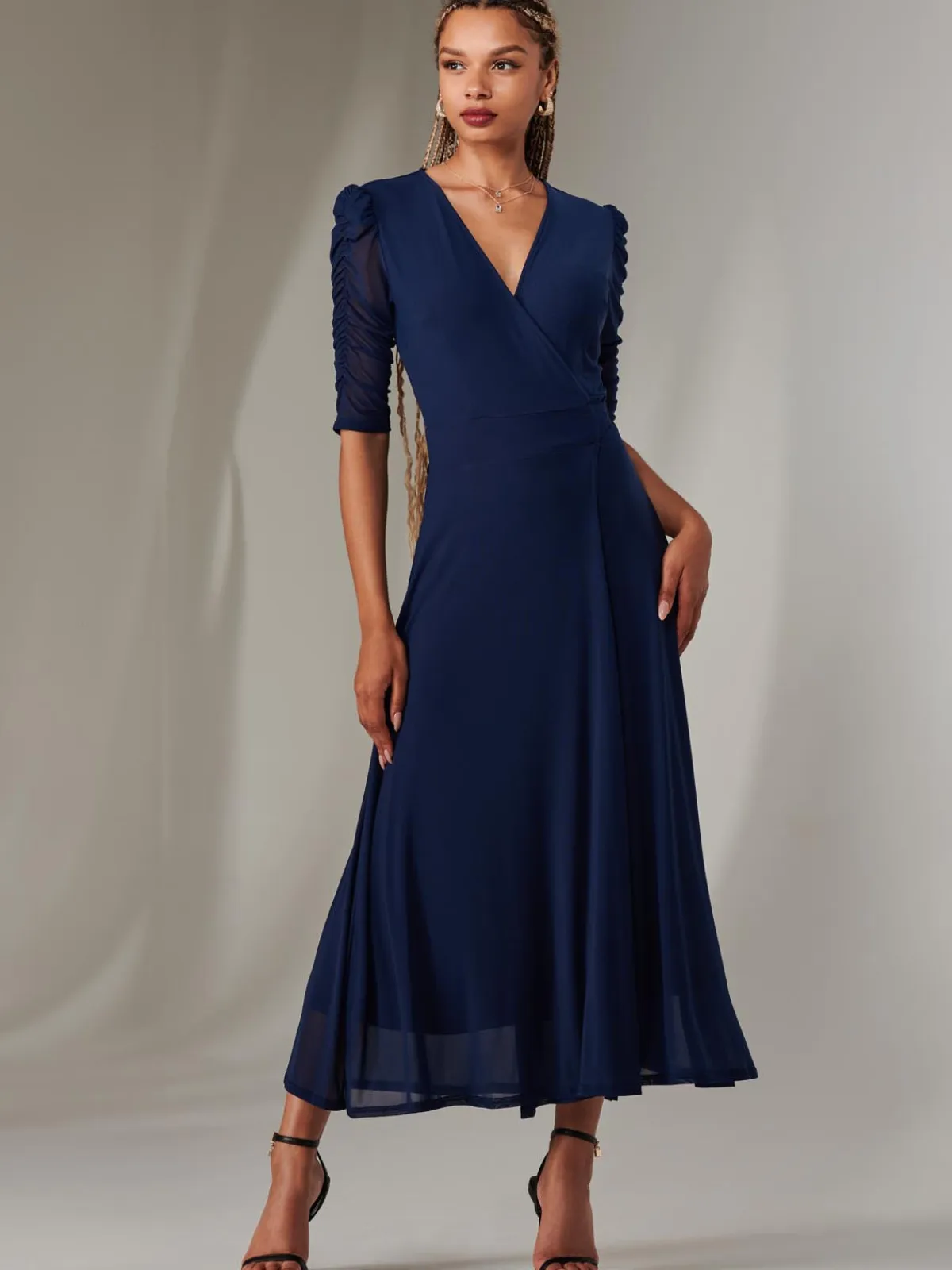Jolie Moi Occasion Dresses|Wrap Dresses-Zeena Plain Wrap Mesh Maxi Dress, Navy