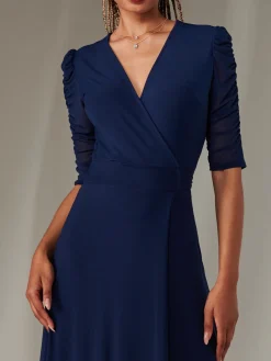 Jolie Moi Occasion Dresses|Wrap Dresses-Zeena Plain Wrap Mesh Maxi Dress, Navy