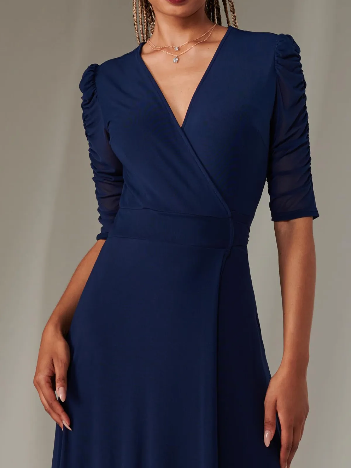 Jolie Moi Occasion Dresses|Wrap Dresses-Zeena Plain Wrap Mesh Maxi Dress, Navy