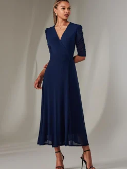 Jolie Moi Occasion Dresses|Wrap Dresses-Zeena Plain Wrap Mesh Maxi Dress, Navy