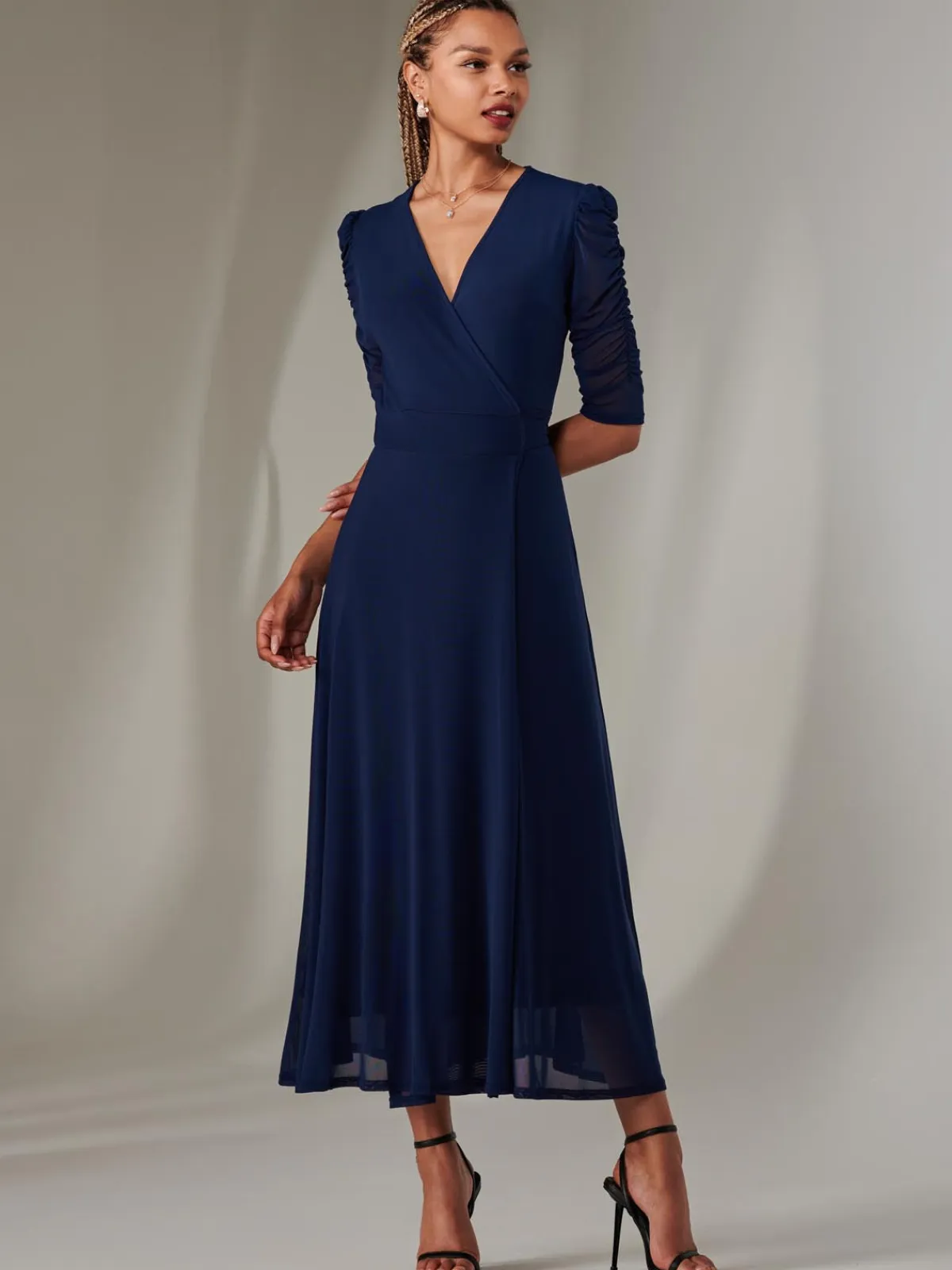 Jolie Moi Occasion Dresses|Wrap Dresses-Zeena Plain Wrap Mesh Maxi Dress, Navy